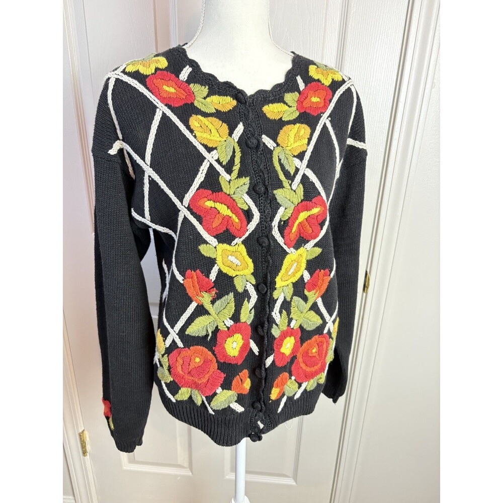 Western Connection Button Down Cardigan Artsy Indie Black Rose Embroidered S 466